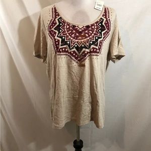 Northcrest “Oatmeal” Short Sleeve Top With Red & Black - Womens 1X, NWT